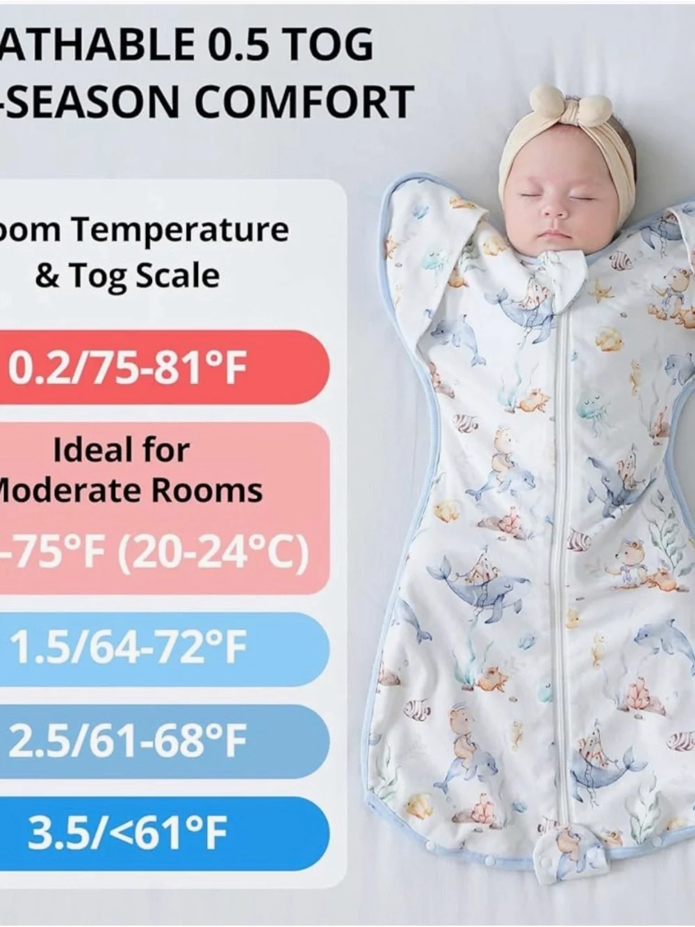 Able Baby Blue and White Ocean Animal Swaddle Sleep Sack
